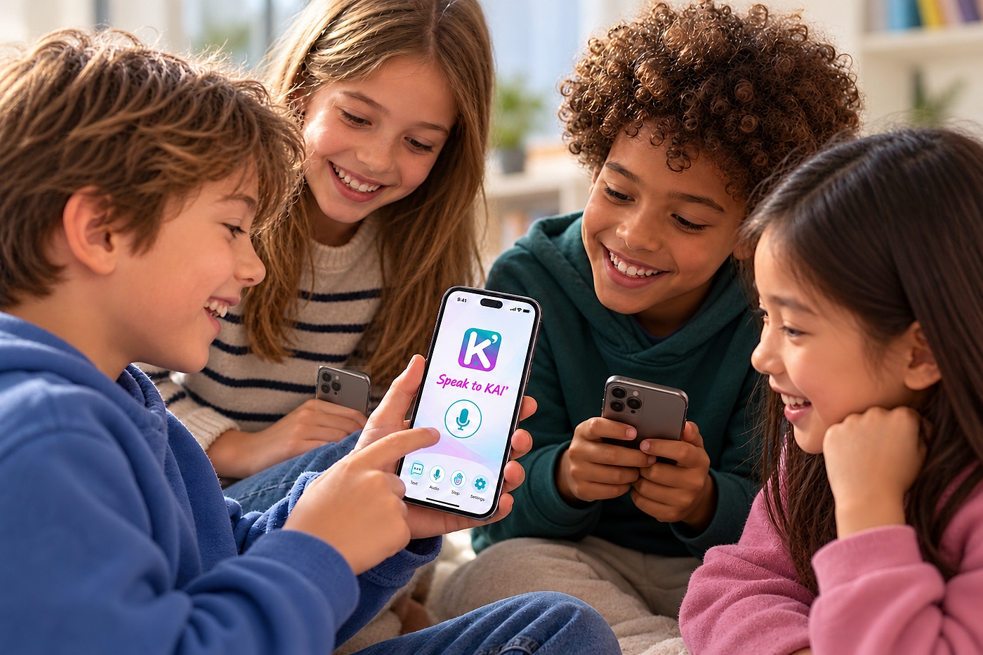 Cuatro niños sonrientes alrededor de un smartphone que muestra la aplicación KAI’
