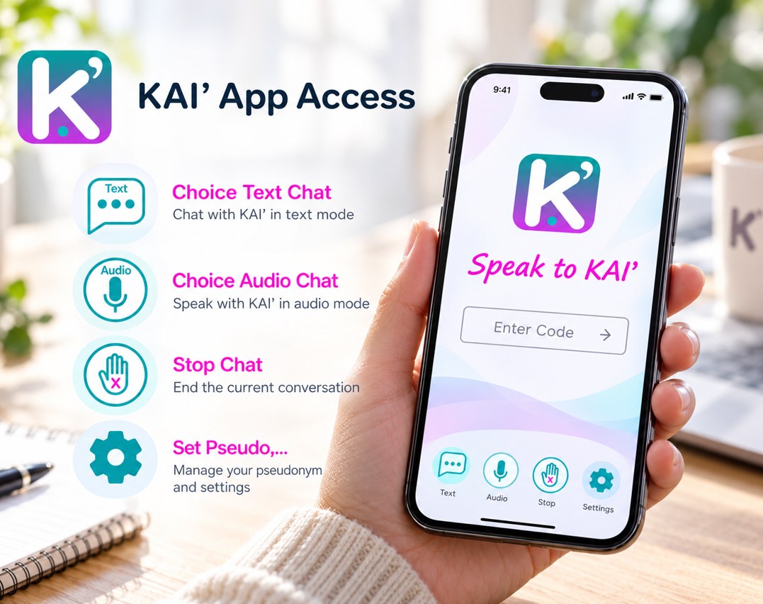 Illustration of the KAI’ App access screen with text chat, audio chat, stop and settings controls